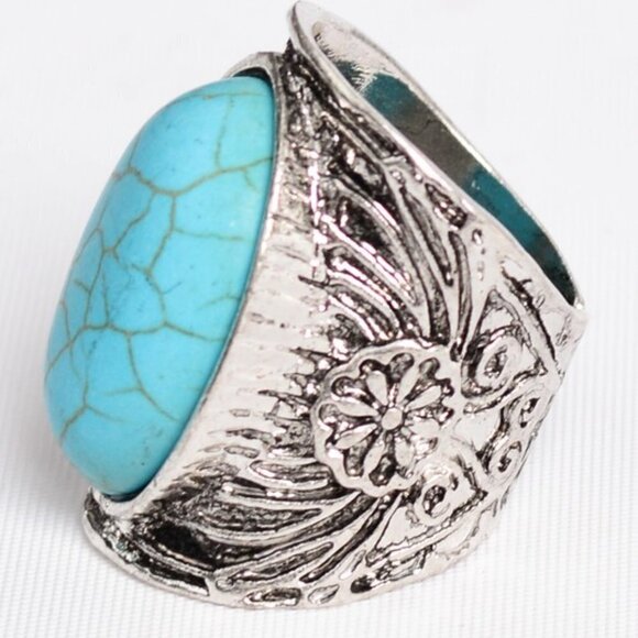 Trïbe Boho Round Turquoise Stone Silver Colored Adjustable Ring - Picture 4 of 7